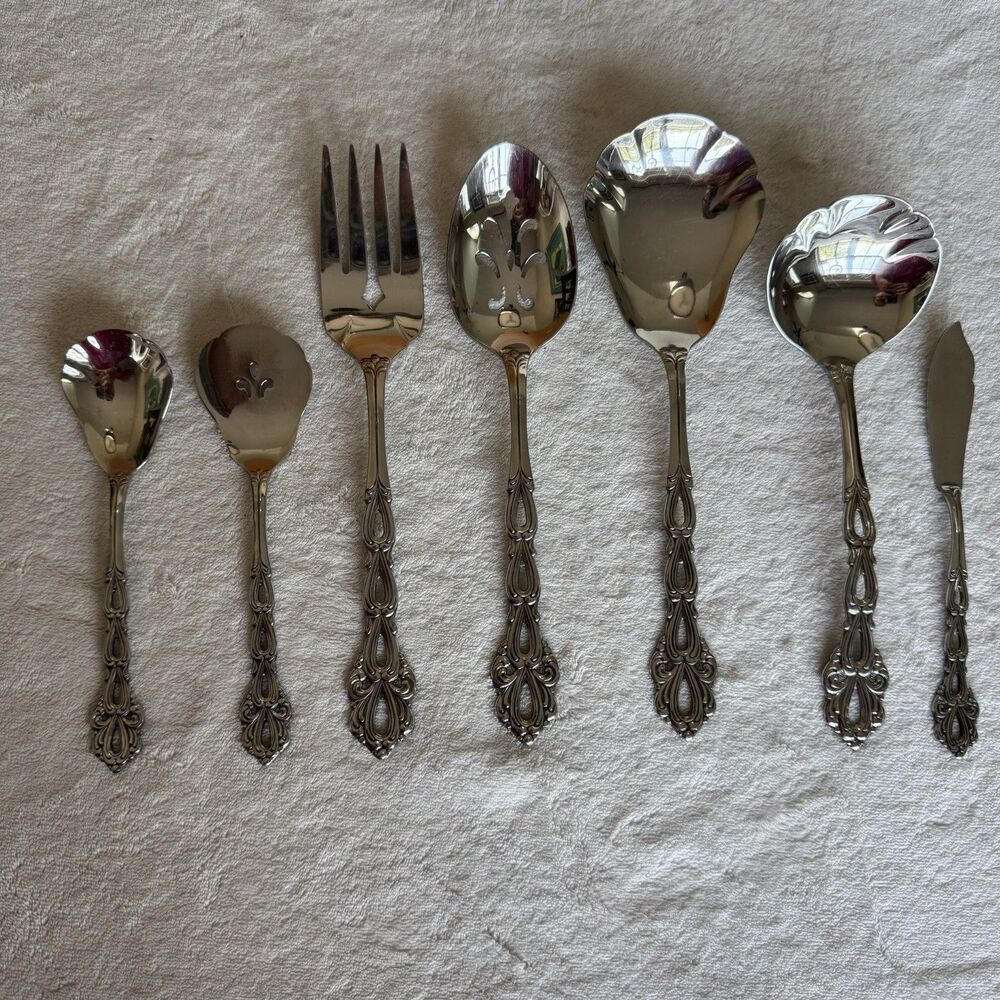 Vintage 7-piece Oneida Community Chandelier serving utensil set in stainless MCM